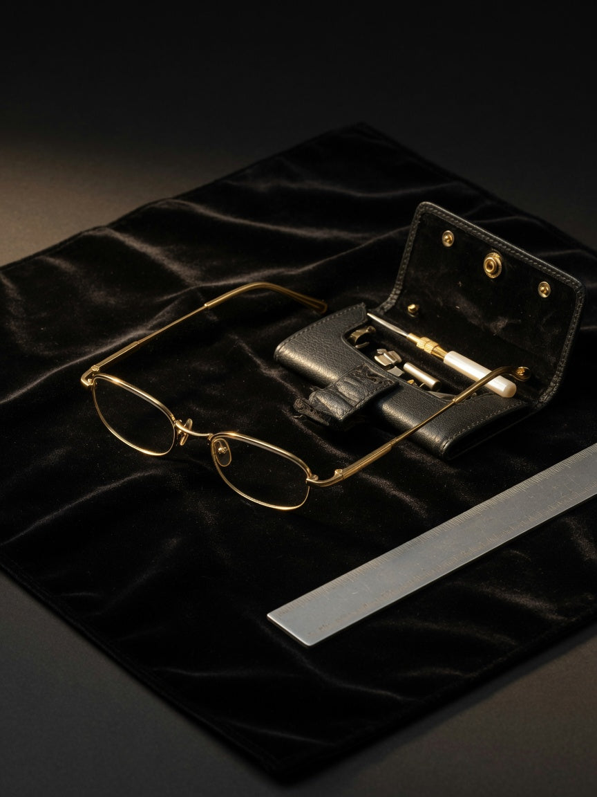 Gold eyeglasses on velvet with a leather fitting kit